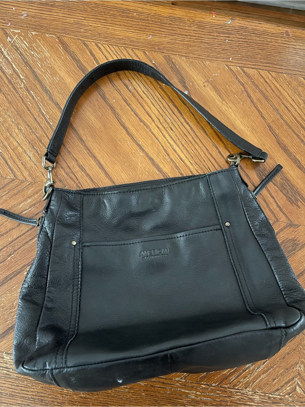 American Living Black Leather Shoulder Bag with Front Slip Pocket